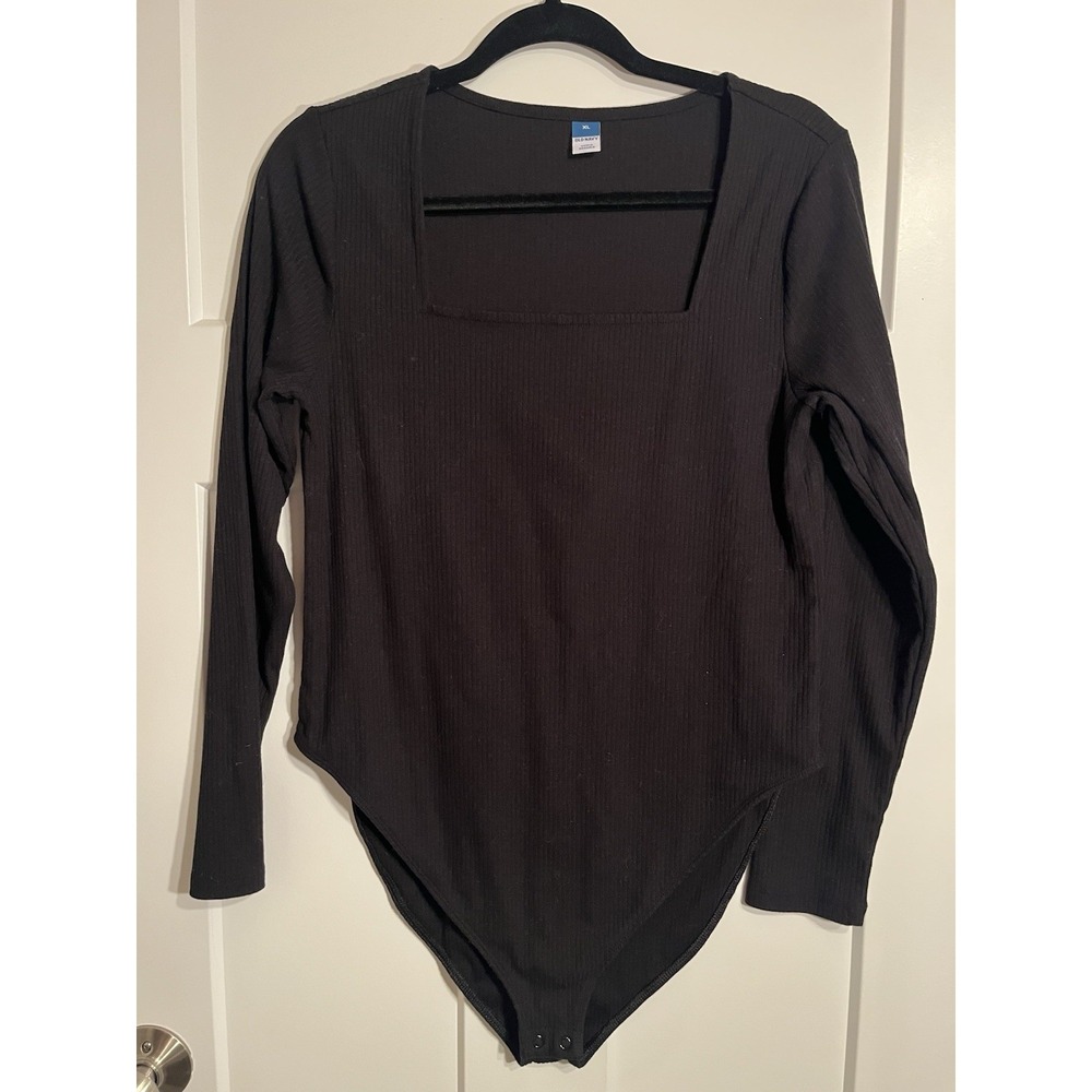 Old Navy Womens XL Black Ribbed Square Neck Long Sleeve Bodysuit Snap Closure